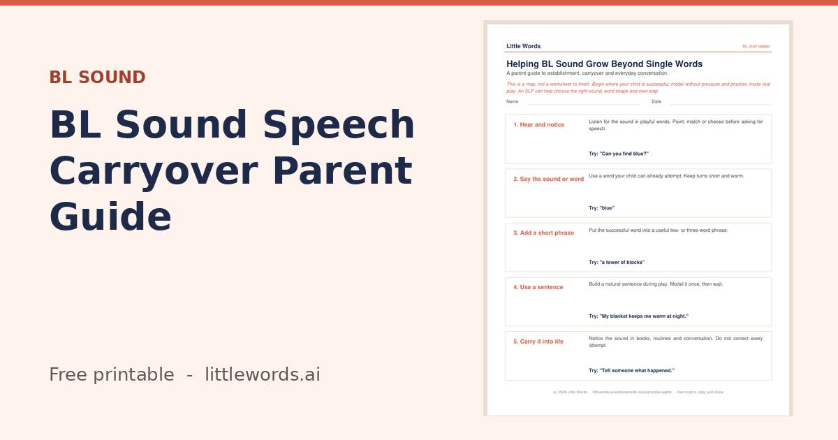 Initial BL Sound Speech Carryover Parent Guide, a Little Words printable