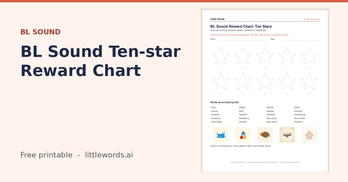 Initial BL Sound Ten-star Reward Chart, a Little Words printable