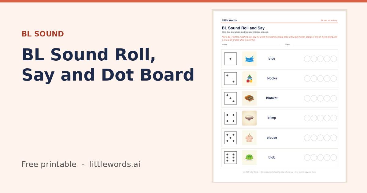 Initial BL Sound Roll, Say and Dot Board, a Little Words printable