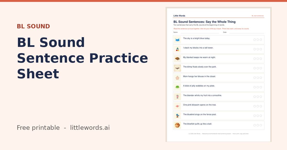 Initial BL Sound Sentence Practice Sheet, a Little Words printable