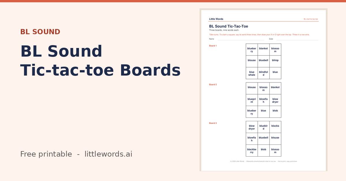 Initial BL Sound Tic-tac-toe Boards, a Little Words printable