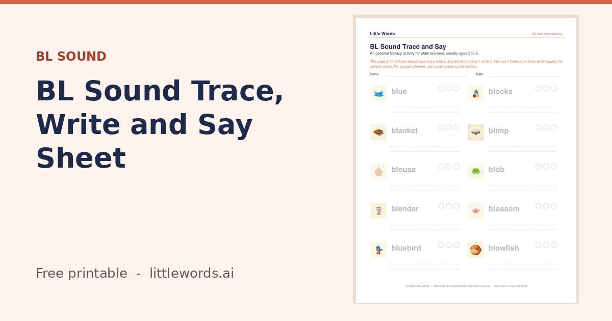 Initial BL Sound Trace, Write and Say Sheet, a Little Words printable