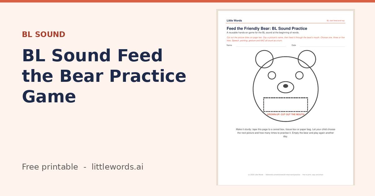 Initial BL Sound Feed the Bear Practice Game, a Little Words printable