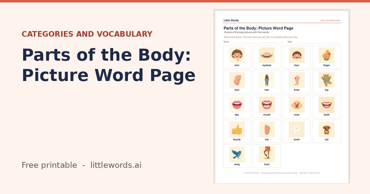 Parts of the Body: Picture Word Page, a free Little Words printable
