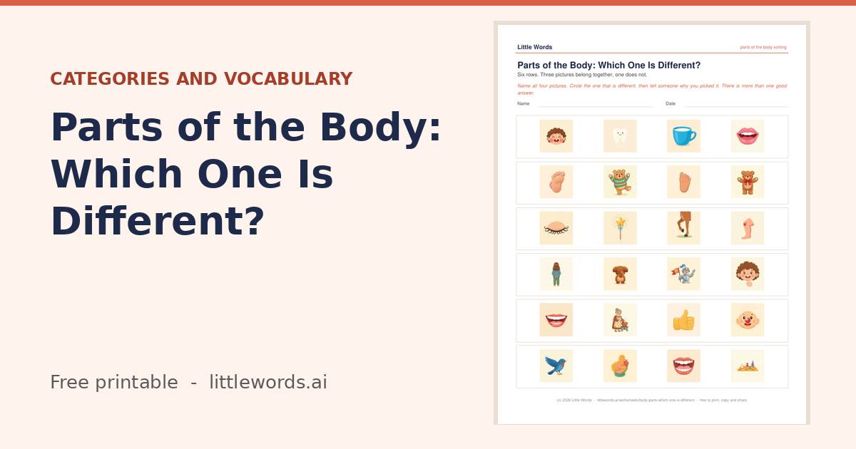 Parts of the Body: Which One Is Different?, a free Little Words printable