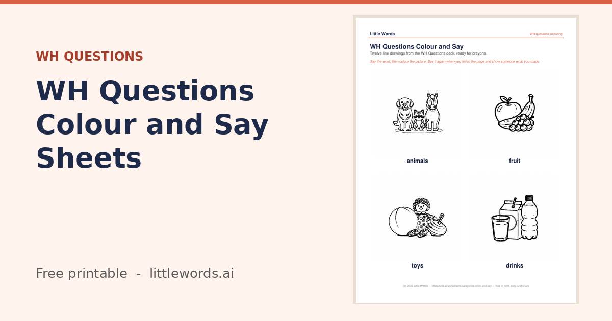 Categories Colour and Say Sheets, a Little Words printable