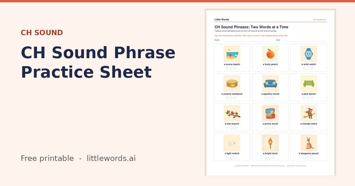 CH Sound Phrase Practice Sheet, a free Little Words printable
