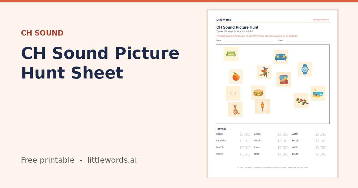 CH Sound Picture Hunt Sheet, a free Little Words printable
