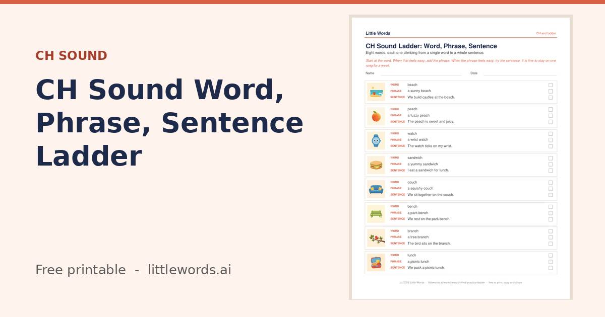 CH Sound Word, Phrase, Sentence Ladder, a free Little Words printable