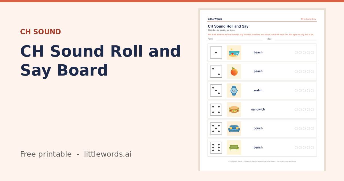 CH Sound Roll and Say Board, a free Little Words printable
