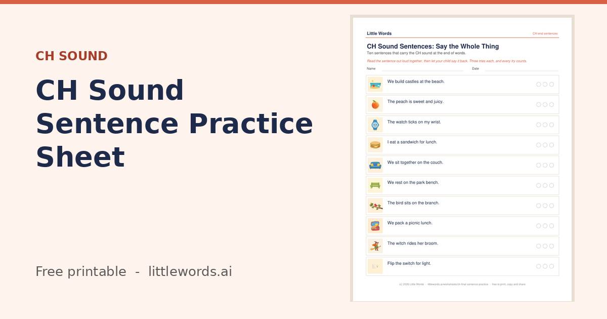 CH Sound Sentence Practice Sheet, a free Little Words printable