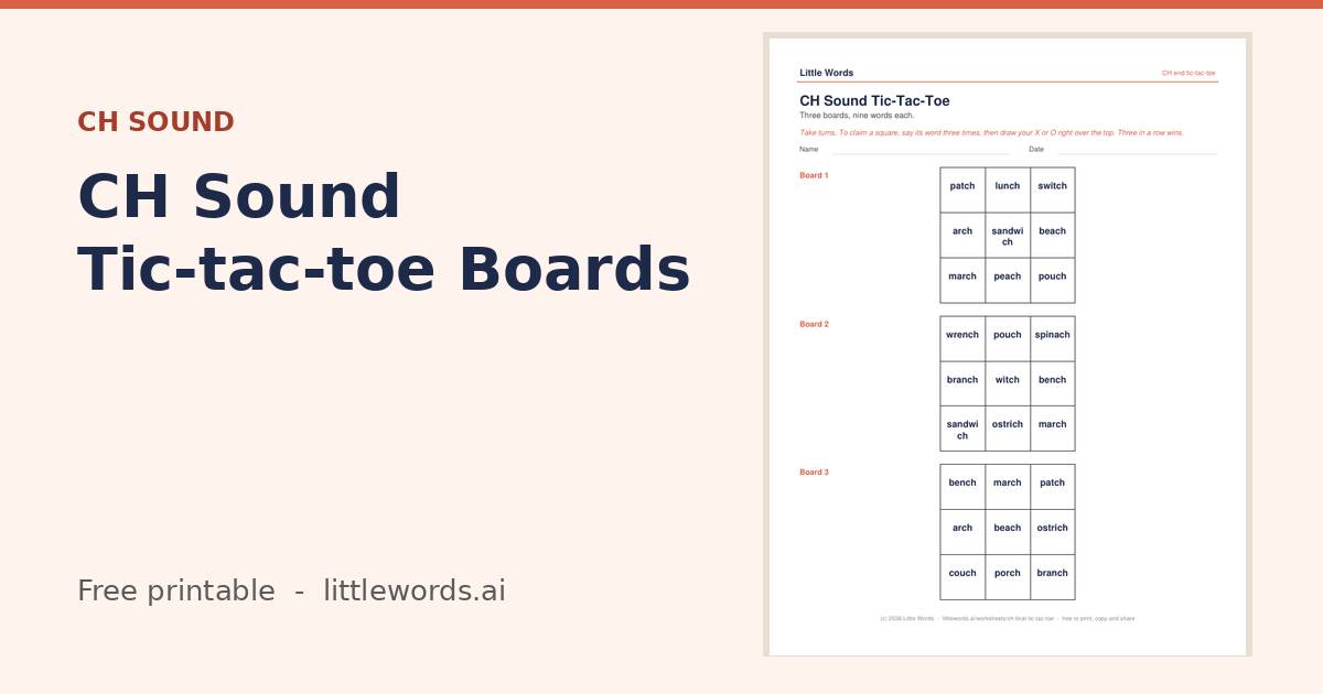 CH Sound Tic-tac-toe Boards, a free Little Words printable