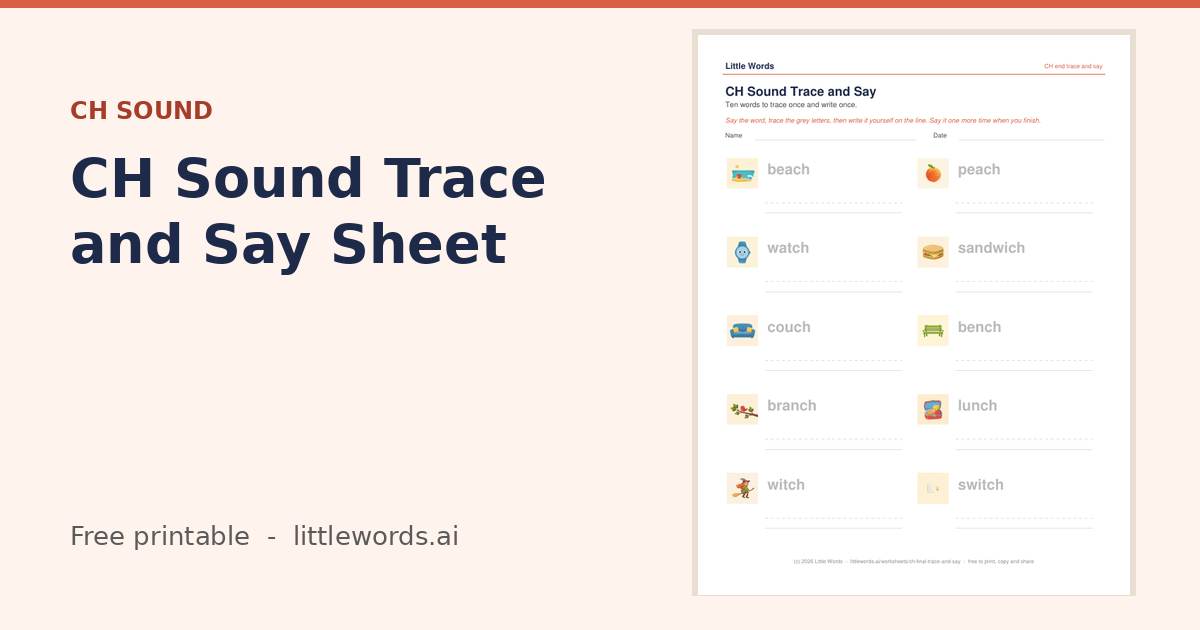 CH Sound Trace and Say Sheet, a free Little Words printable
