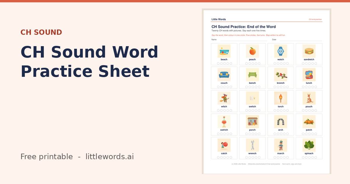 CH Sound Word Practice Sheet, a free Little Words printable