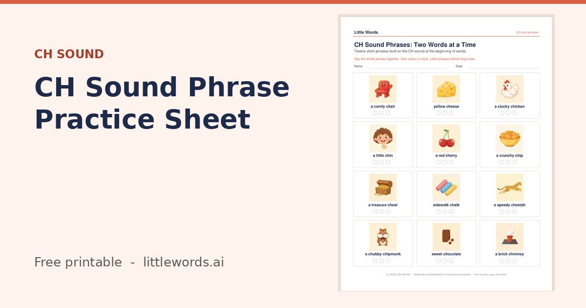 CH Sound Phrase Practice Sheet, a free Little Words printable