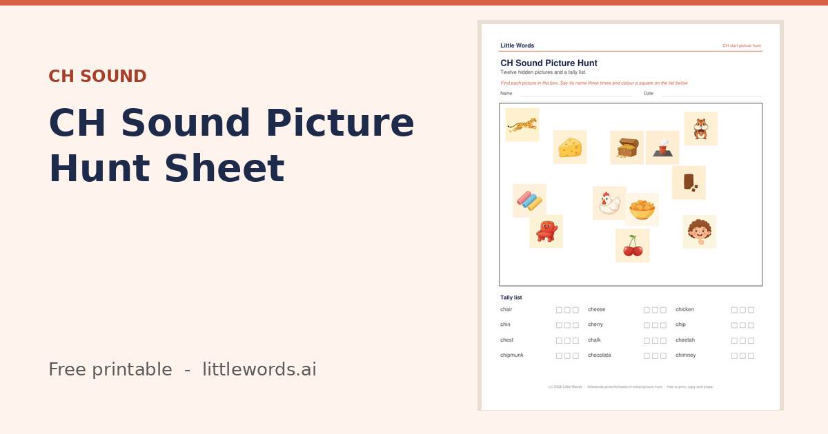 CH Sound Picture Hunt Sheet, a free Little Words printable