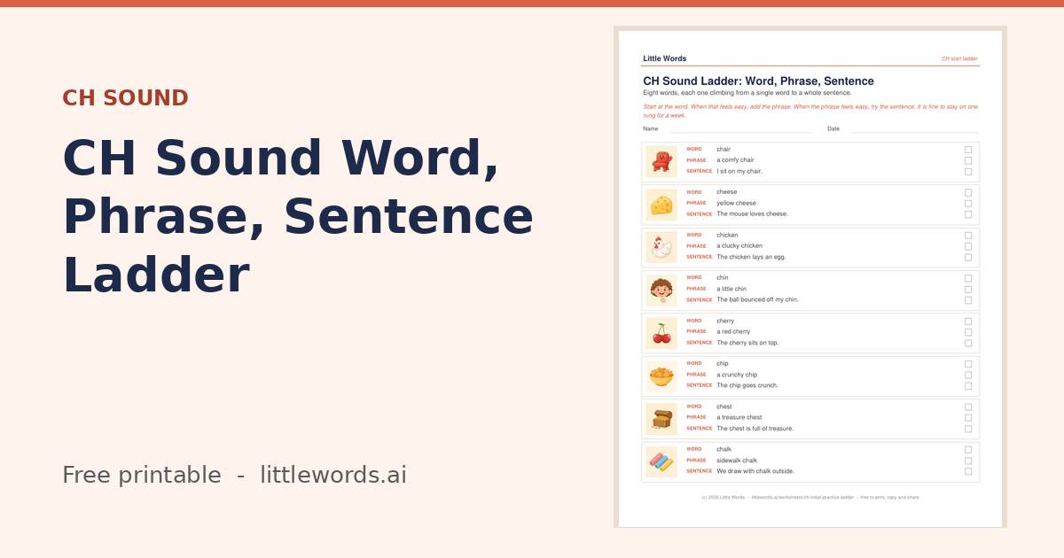 CH Sound Word, Phrase, Sentence Ladder, a free Little Words printable