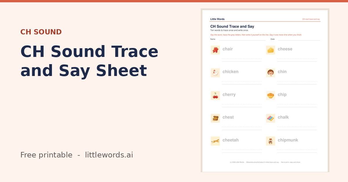 CH Sound Trace and Say Sheet, a free Little Words printable