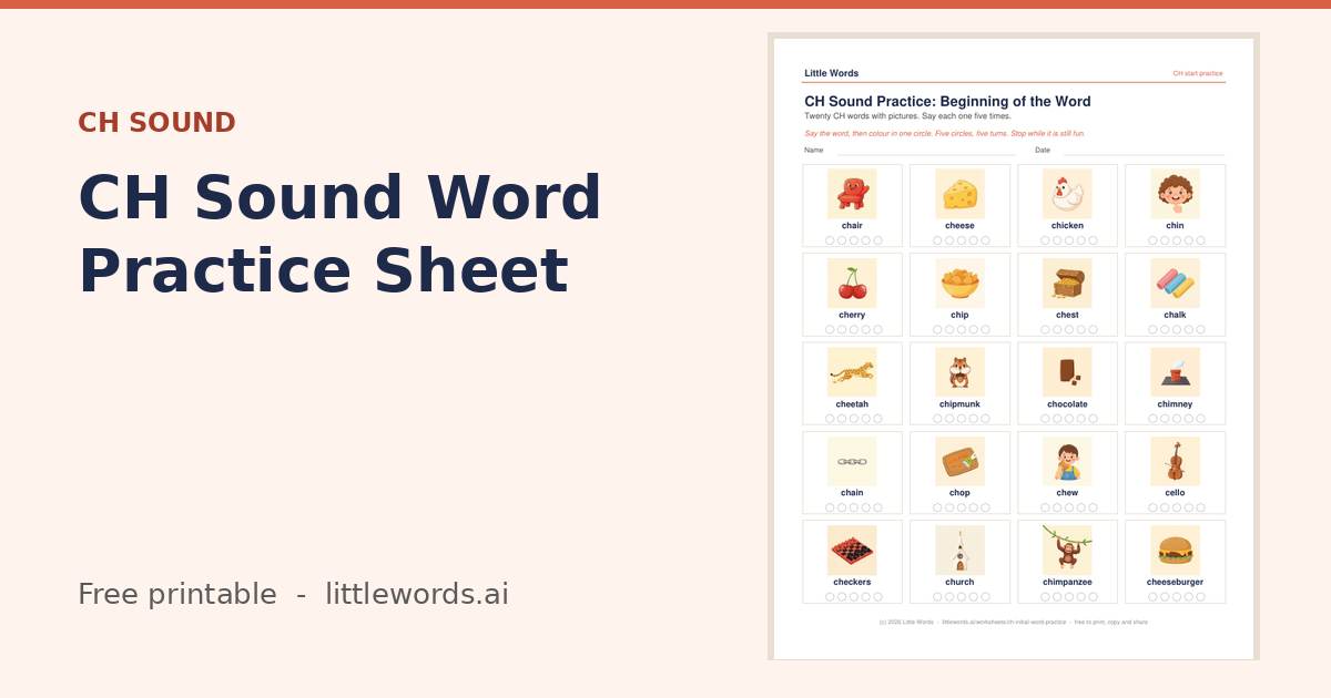 CH Sound Word Practice Sheet, a free Little Words printable