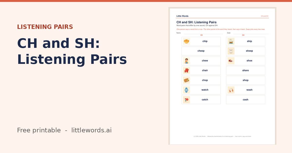 CH and SH: Listening Pairs, a free Little Words printable