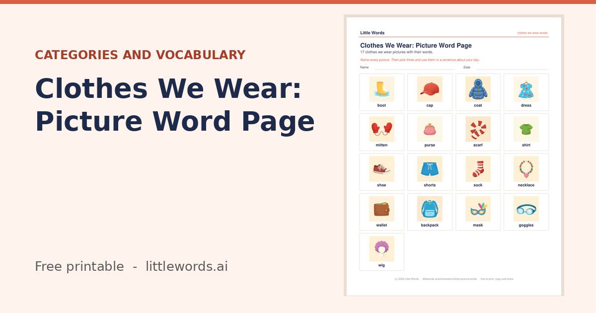Clothes We Wear: Picture Word Page, a free Little Words printable