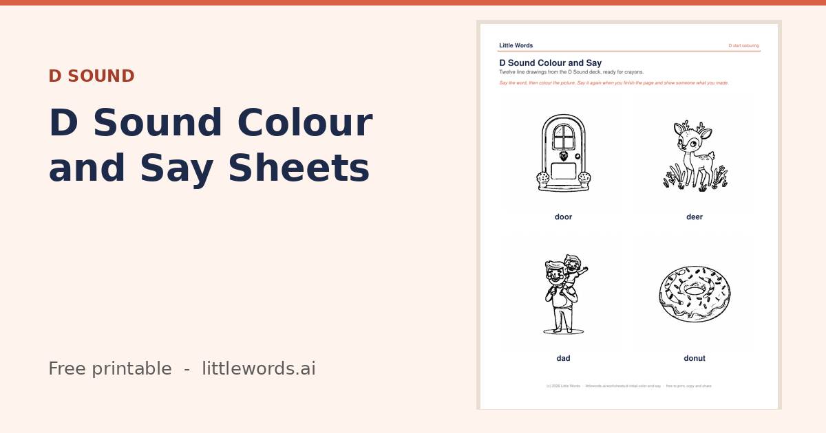 D Sound Colour and Say Sheets, a free Little Words printable