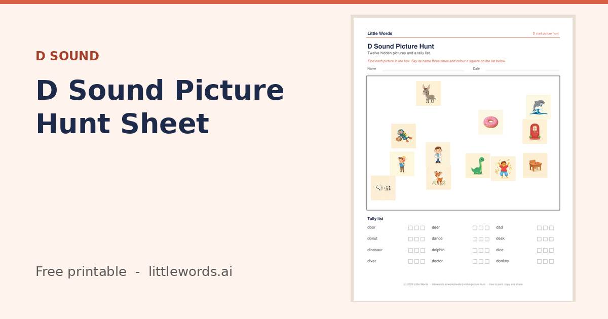 D Sound Picture Hunt Sheet, a free Little Words printable