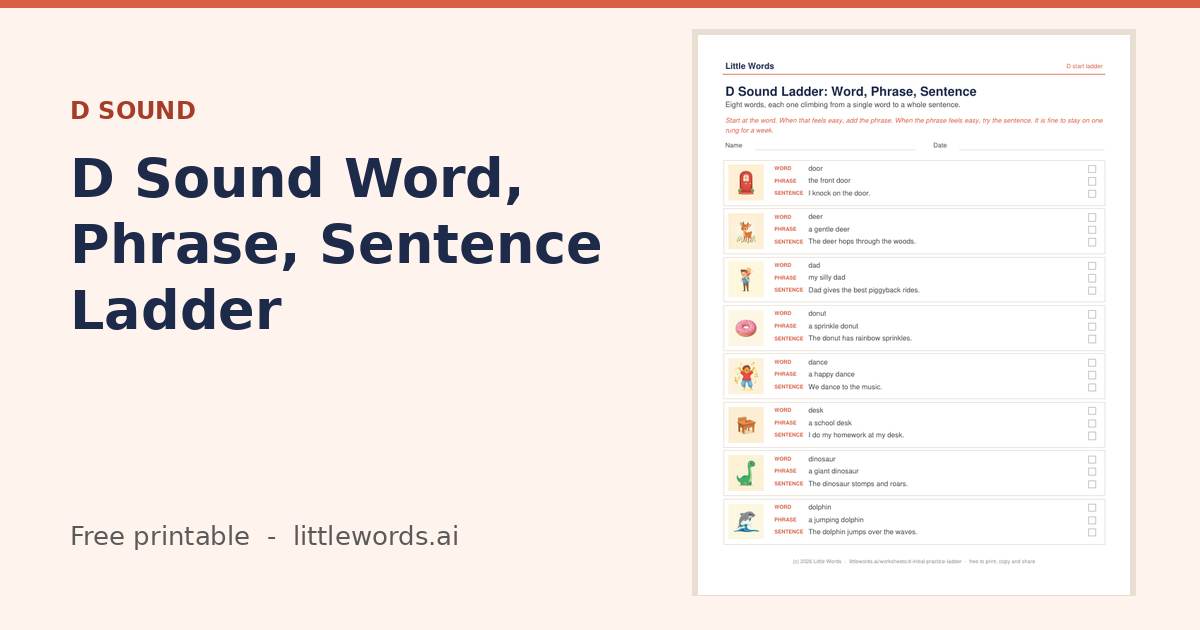 D Sound Word, Phrase, Sentence Ladder, a free Little Words printable