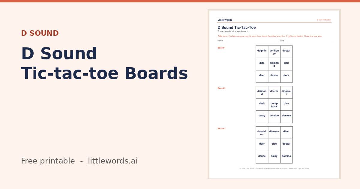 D Sound Tic-tac-toe Boards, a free Little Words printable