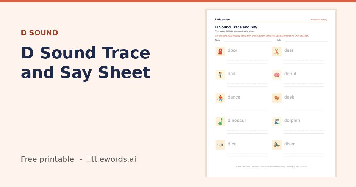 D Sound Trace and Say Sheet, a free Little Words printable