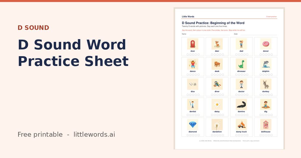 D Sound Word Practice Sheet, a free Little Words printable