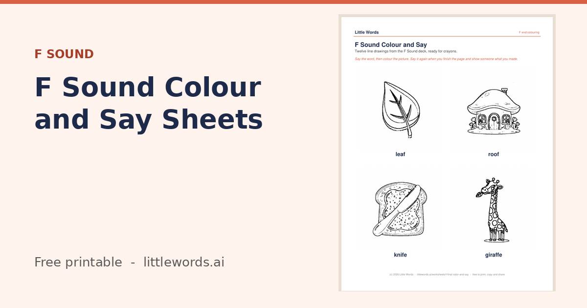 F Sound Colour and Say Sheets, a free Little Words printable