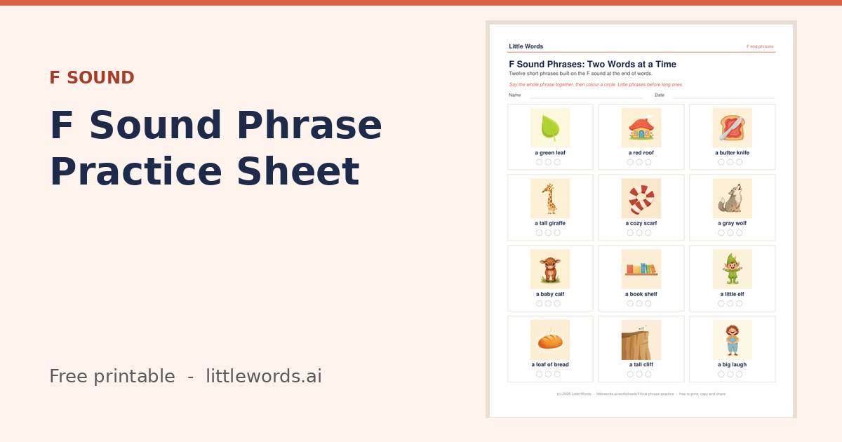 F Sound Phrase Practice Sheet, a free Little Words printable