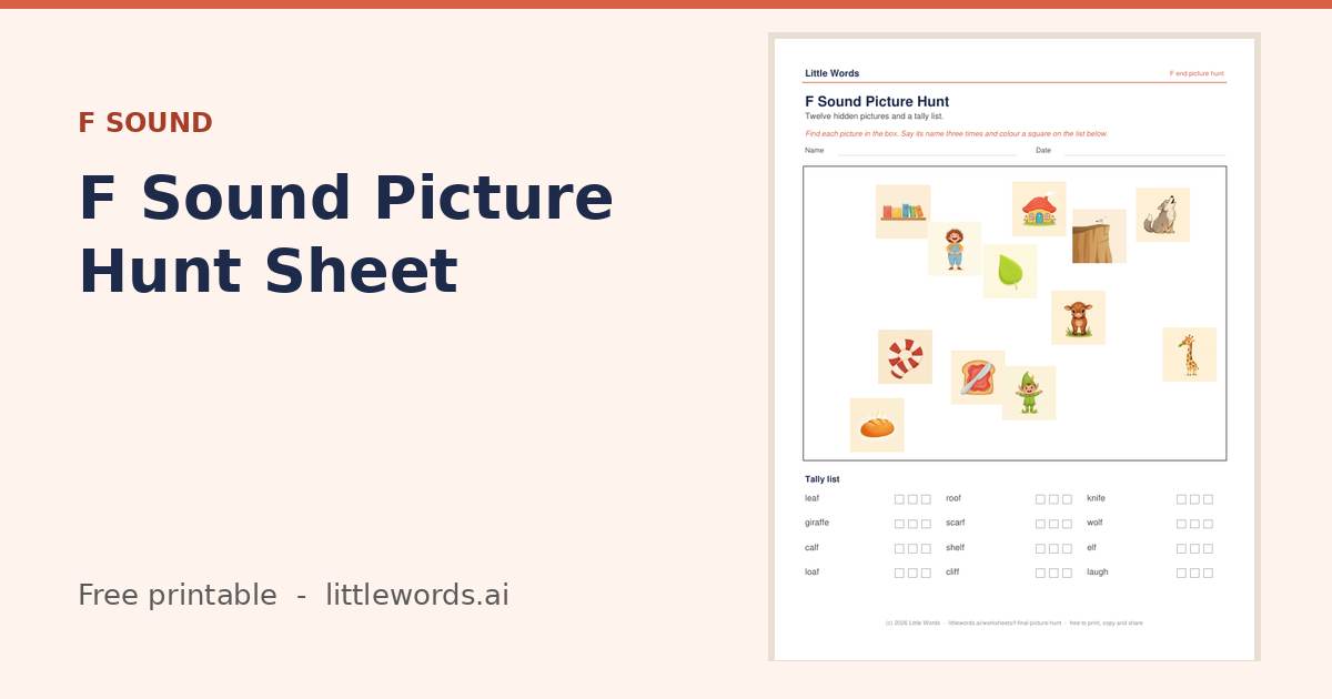 F Sound Picture Hunt Sheet, a free Little Words printable