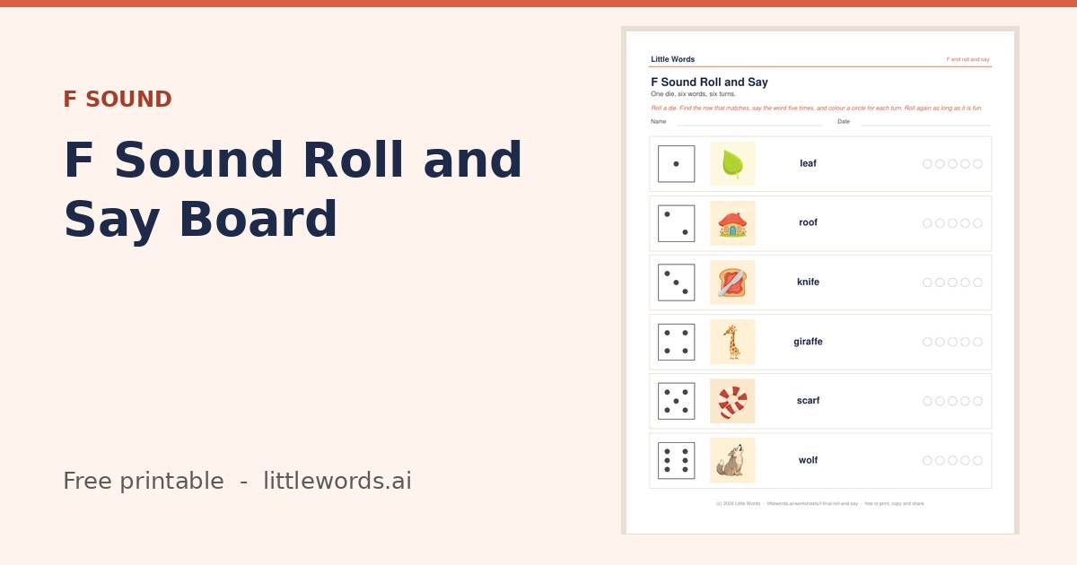 F Sound Roll and Say Board, a free Little Words printable