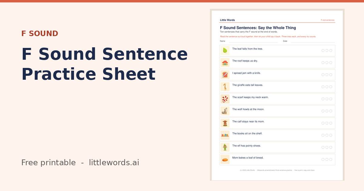 F Sound Sentence Practice Sheet, a free Little Words printable