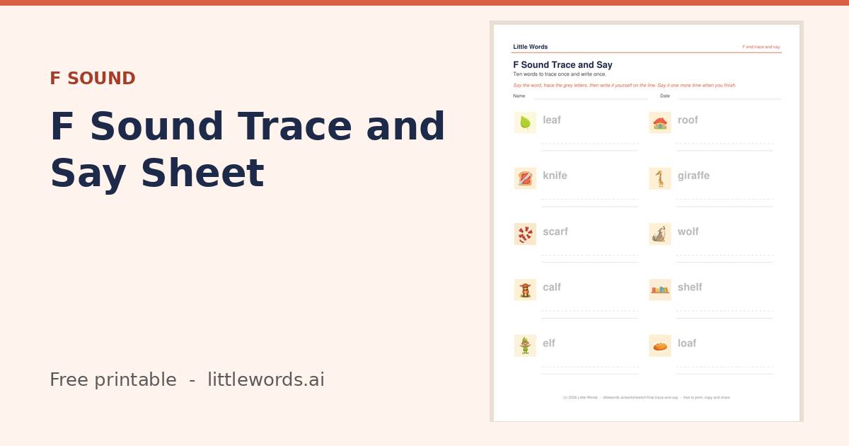 F Sound Trace and Say Sheet, a free Little Words printable
