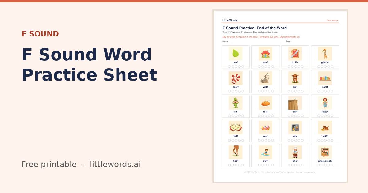 F Sound Word Practice Sheet, a free Little Words printable