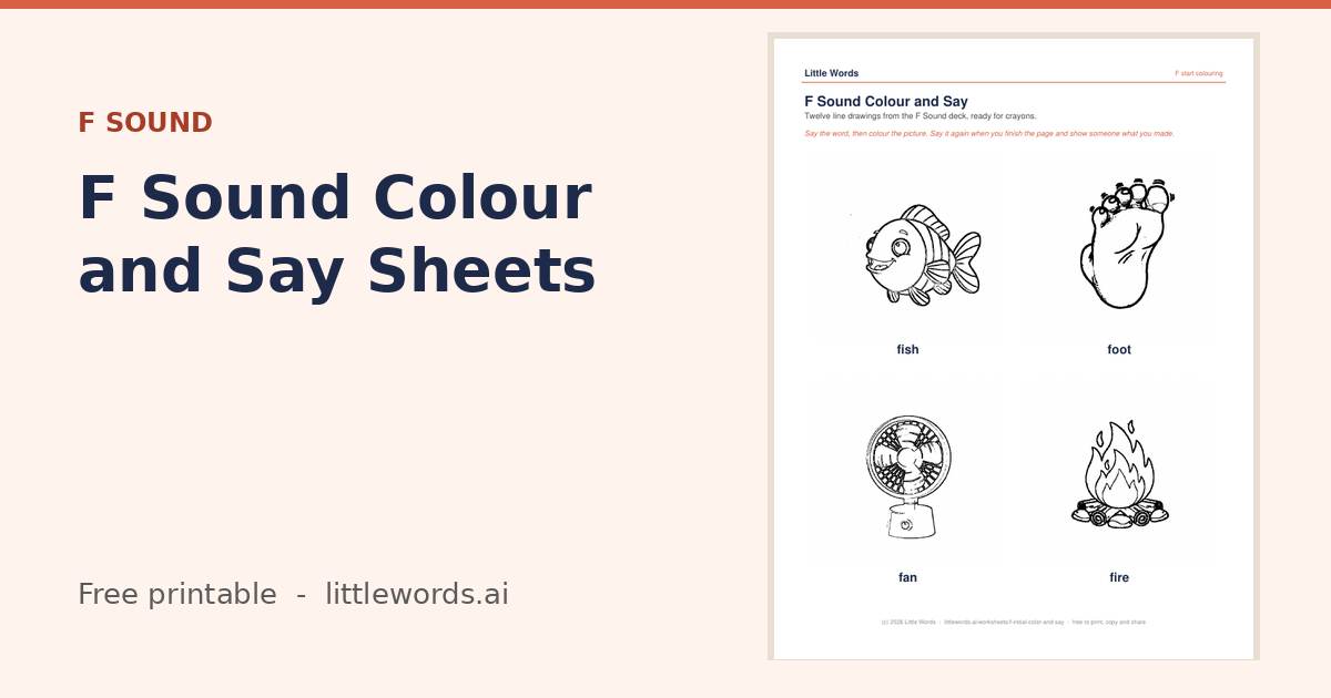 F Sound Colour and Say Sheets, a free Little Words printable