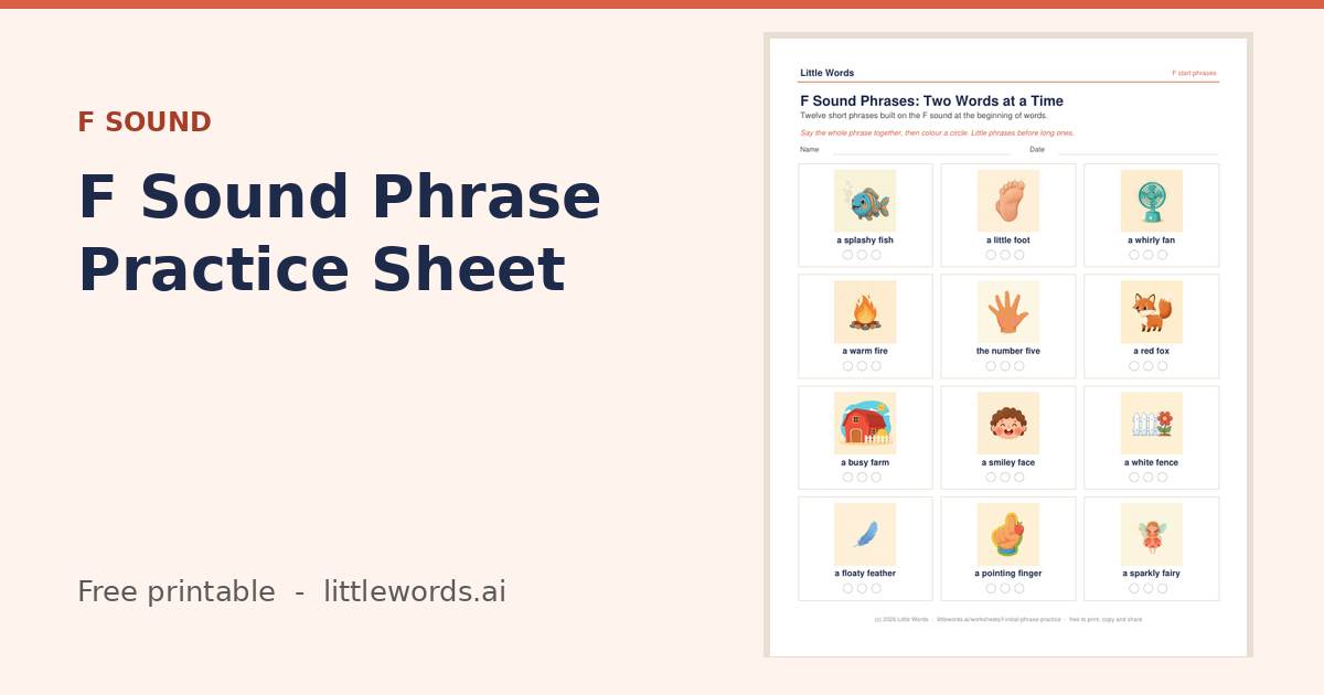 F Sound Phrase Practice Sheet, a free Little Words printable