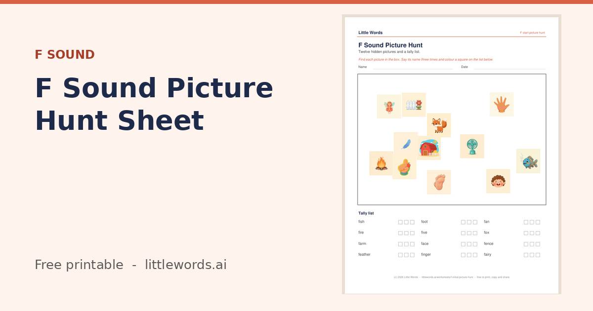 F Sound Picture Hunt Sheet, a free Little Words printable