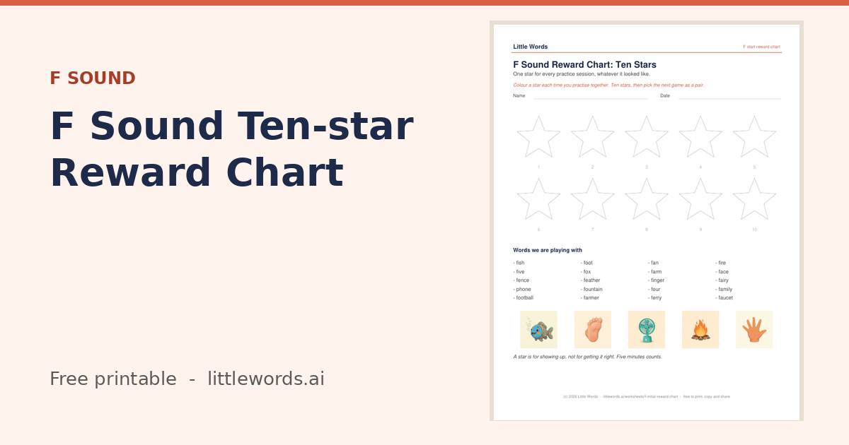 F Sound Ten-star Reward Chart, a free Little Words printable