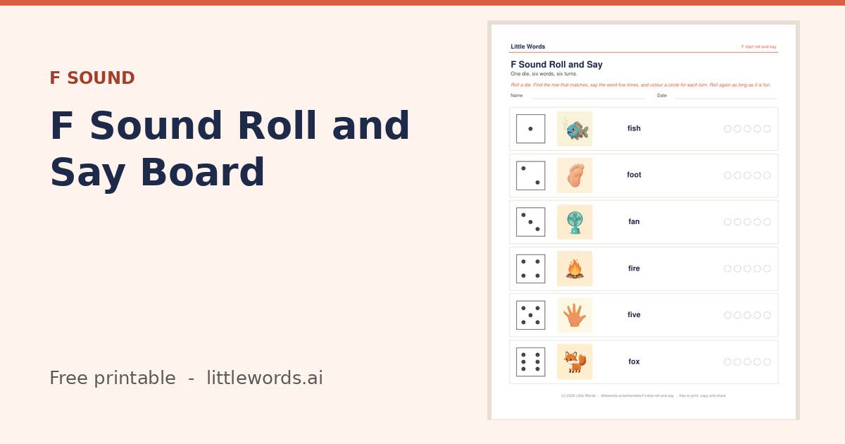 F Sound Roll and Say Board, a free Little Words printable