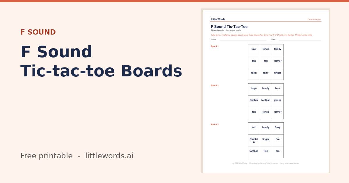 F Sound Tic-tac-toe Boards, a free Little Words printable