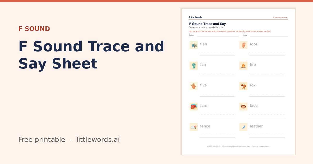 F Sound Trace and Say Sheet, a free Little Words printable