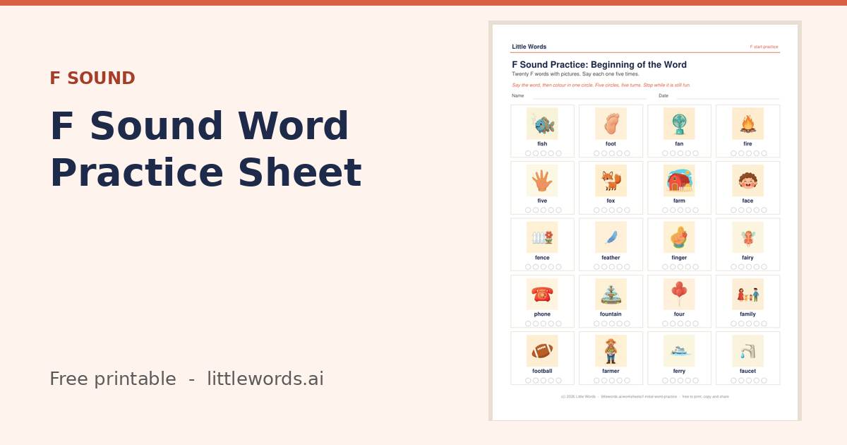 F Sound Word Practice Sheet, a free Little Words printable