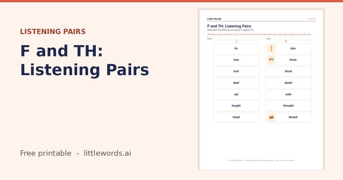 F and TH: Listening Pairs, a free Little Words printable