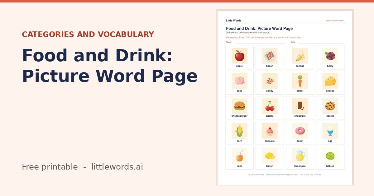 Food and Drink: Picture Word Page, a free Little Words printable