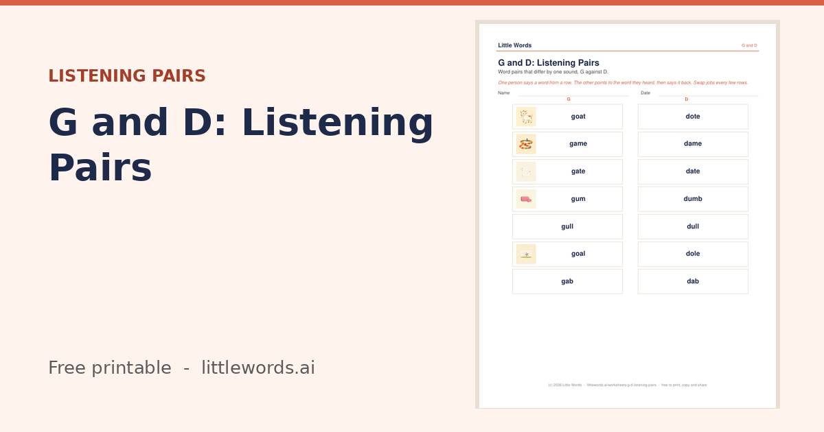 G and D: Listening Pairs, a free Little Words printable