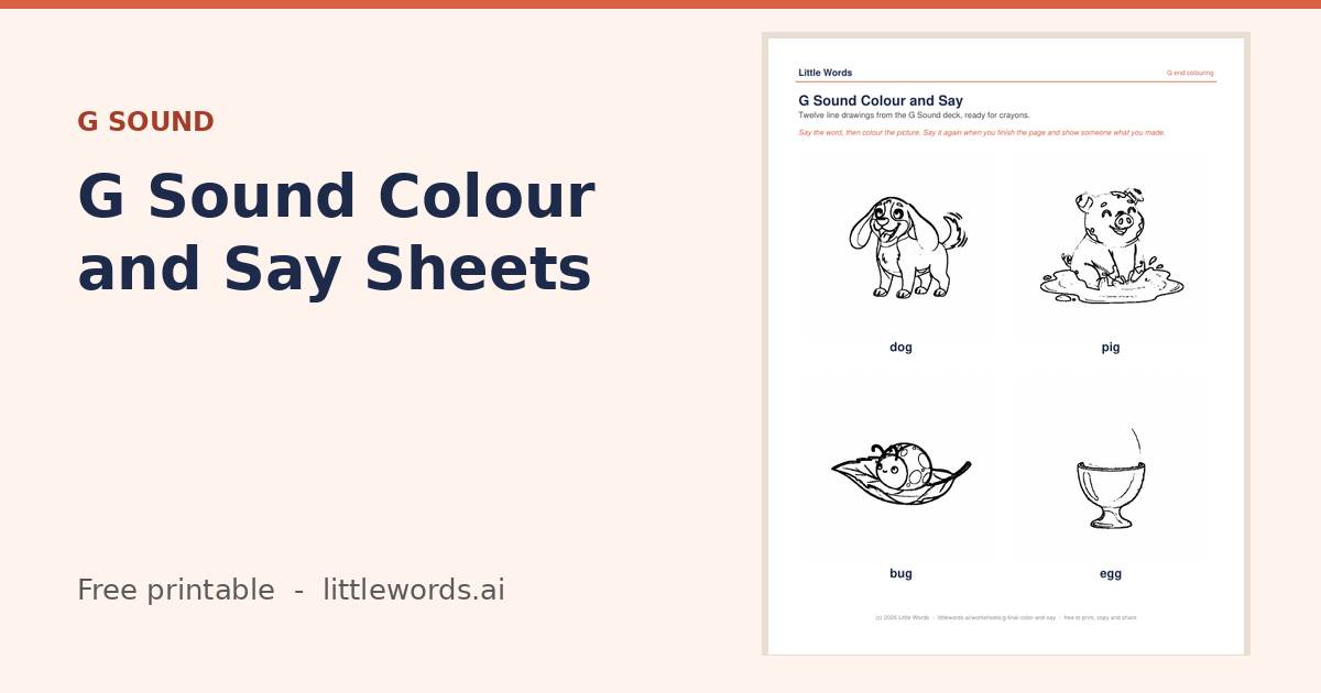 G Sound Colour and Say Sheets, a free Little Words printable